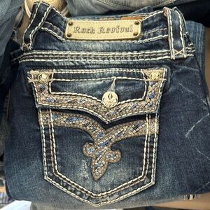 Rock Revival Blue Boot Cut Jeans with Decorative Stitching